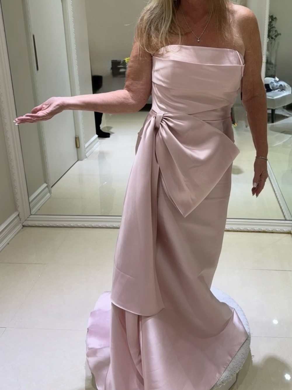 Luxury Strapless Evening Gown in Blush Pink with Draped Bow